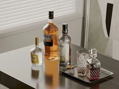 Various Alcohol Bottles And Drinking Glasses Placed On Table With Tray Near Window Blinds 3d model