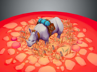 White Rhino With Blue Containers Brown Bag Standing On Red Ground With Stones Dry Grass 3d model