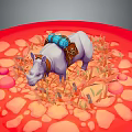 White Rhino With Blue Containers Brown Bag Standing On Red Ground With Stones Dry Grass