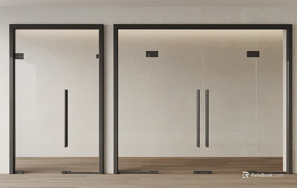 Modern Glass Doors With Black Frames And Wooden Floor In Minimalist Interior 3d model 