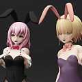 Game Anime Characters With Bunny Ears Pink Blonde Hair Black Purple Bodysuits Stockings High Heels