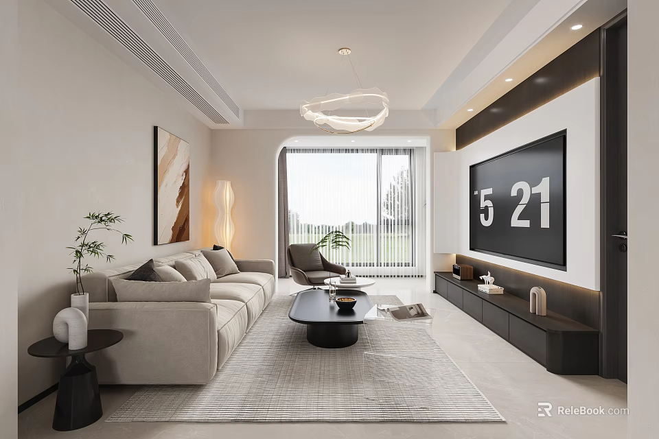 Modern Minimalist Cream Tone Living And Dining Room Interior Design With Cozy Furniture And Lighting 3d model 