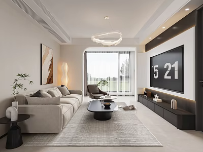 Modern Minimalist Cream Tone Living And Dining Room Interior Design With Cozy Furniture And Lighting 3d model