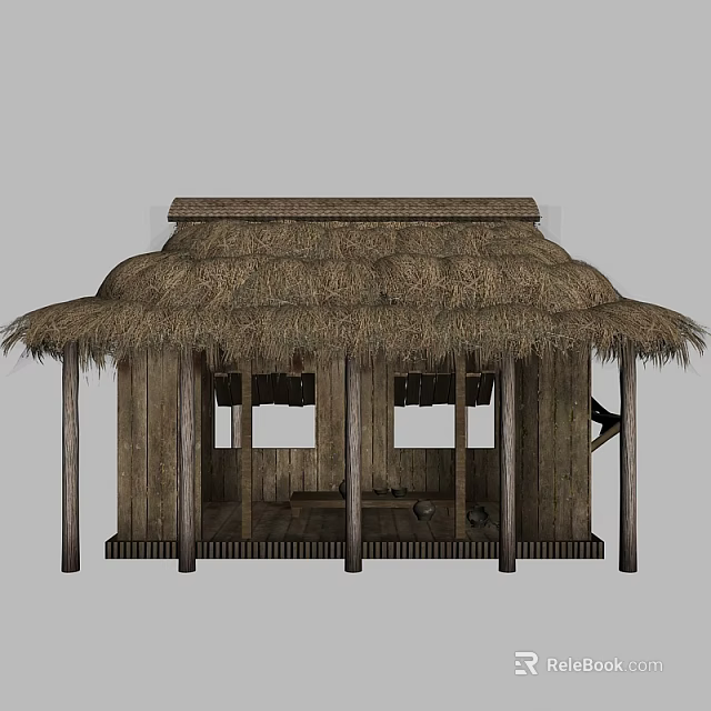 Traditional Thatched House Featuring Rustic Wooden Structure And Open Front Design 3d model 