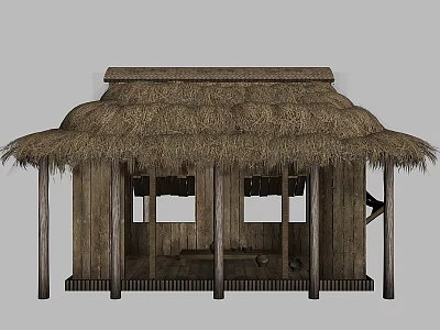 Traditional Thatched House Featuring Rustic Wooden Structure And Open Front Design 3d model