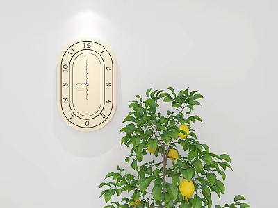 Classic Clock Hanging On White Wall Beside Lemon Tree With Yellow Lemons And Green Leaves 3d model