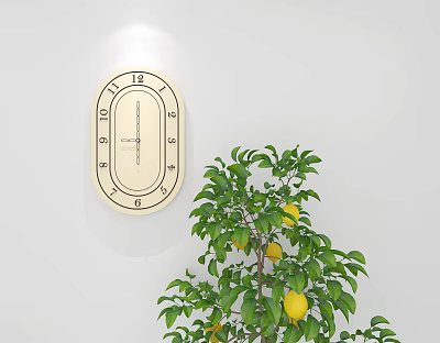 Classic Clock Hanging On White Wall Beside Lemon Tree With Yellow Lemons And Green Leaves 3d model