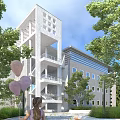Modern White Exterior Office Building With Glass Curtain Wall And Surrounding Green Trees