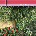 Outdoor Living Plant Wall Design With Red Awning Wooden Backdrop And Small Water Feature