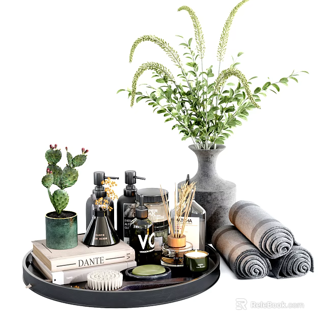 Modern Stylish Bathroom Accessories With Rolled Towels Green Plants And Fragrance Sticks On Tray 3d model 