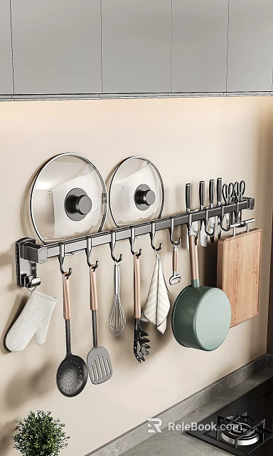 Wall Mounted Kitchen Organizer With Pot Lids Utensils Frying Pan And Cutting Board 3d model 