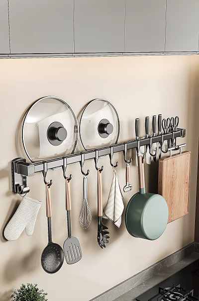 Wall Mounted Kitchen Organizer With Pot Lids Utensils Frying Pan And Cutting Board 3d model