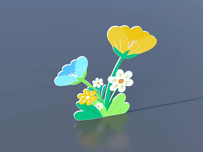 Colorful Cartoon Flowers Design With Yellow Blue White Petals And Green Stems Leaves 3d model