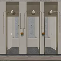 Luxurious Club Entrance Featuring Three Elevator Doors Metal Frames Decorative Art And Flower Vases