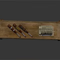 Antique Wooden Table With Vintage Cash Register And Glass Bottles