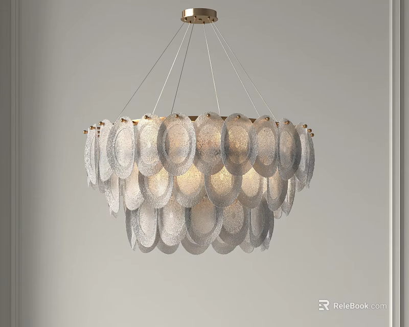 Elegant Modern Chandelier With Glass Leaf Shaped Shades And Gold Hanging Chain 3d model 