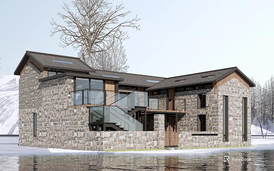 Rural Self-built House Exterior Design With Stone Walls Glass Balcony Staircase Wooden Door And Water 3d model 