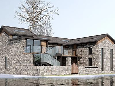 Rural Self-built House Exterior Design With Stone Walls Glass Balcony Staircase Wooden Door And Water 3d model