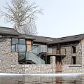 Rural Self-built House Exterior Design With Stone Walls Glass Balcony Staircase Wooden Door And Water