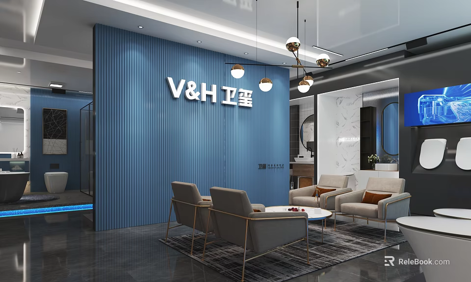 V&H Bathroom Store Modern Interior With Blue Wall Gray Sofas Coffee Table And Hanging Lights 3d model 