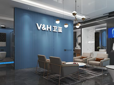 V&H Bathroom Store Modern Interior With Blue Wall Gray Sofas Coffee Table And Hanging Lights 3d model