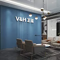 V&H Bathroom Store Modern Interior With Blue Wall Gray Sofas Coffee Table And Hanging Lights 3d model
