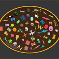Colorful Small Items on Round Platform with Toys Letters Animals and Objects