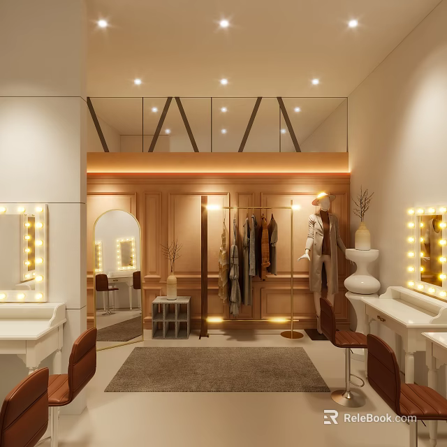 Stylish Walk-in Closet Interior With Wooden Wardrobe Hanging Clothes Mirrors Vanity Tables And Chairs 3d model 