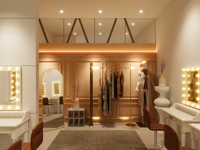 Stylish Walk-in Closet Interior With Wooden Wardrobe Hanging Clothes Mirrors Vanity Tables And Chairs 3d model