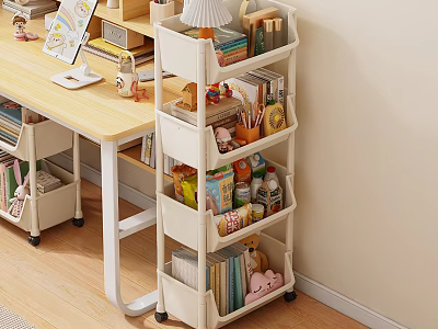 Mobile Multi Tiered White Bookcase With Books Toys And Storage Organizer 3d model