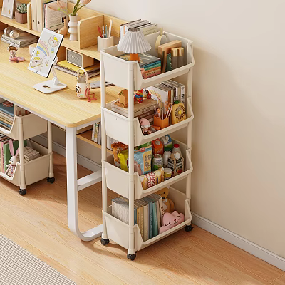 Mobile Multi Tiered White Bookcase With Books Toys And Storage Organizer 3d model