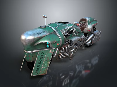 Vintage Green Motorcycle With Metallic Finish Brown Leather Seat Multiple Exhaust Pipes And MARRI STZ 3d model