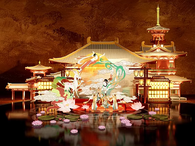 Traditional Chinese Architectural Commercial Landscape With Illuminated Pavilions And Lotus Reflections 3d model