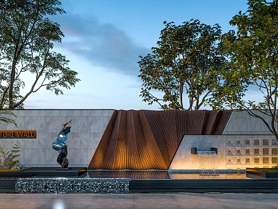 Garden Ornament With Stone Wall Sculpture Water Feature And Trees In Outdoor Space 3d model