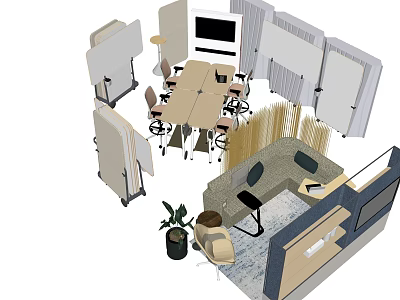 Modern Office Desk Setup with Chairs Dividers Sofa Area and Potted Plant 3d model
