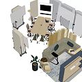 Modern Office Desk Setup with Chairs Dividers Sofa Area and Potted Plant