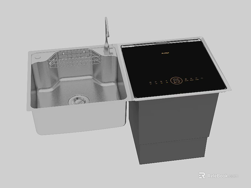 Stainless Steel Kitchen Sink With Dish Rack Black Countertop And Integrated Control Panel 3d model 