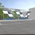 Triangular Architectural Structure With Glass Panels Metal Frame Green Plants And Outdoor Seating