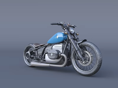 Classic Blue Vintage Motorcycle With Black Accents Wide Tires And Silver Exhaust 3d model