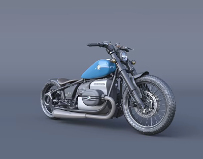 Classic Blue Vintage Motorcycle With Black Accents Wide Tires And Silver Exhaust 3d model
