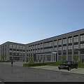 Modern Office Building Exterior With Large Glass Windows Green Trees Lawns Pedestrians And Parked Car