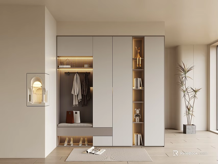 Modern Foyer Hallway With Storage And Decor Elements 3d model