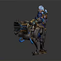 3D Armored Sci Fi Character With Blue Hair Large Mechanical Weapon And Glowing Accents