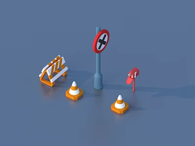 Traffic Warning Devices With Road Barrier Cones And No Parking Sign 3d model