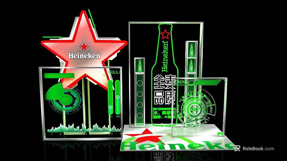 Tobacco and Liquor Store Featuring Heineken Red Star Logo Green Bottles And Transparent Display Shelves 3d model 