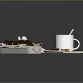 Chocolate Sandwich Cookies Served With Hot Chocolate In White Cup On Tray With Napkin