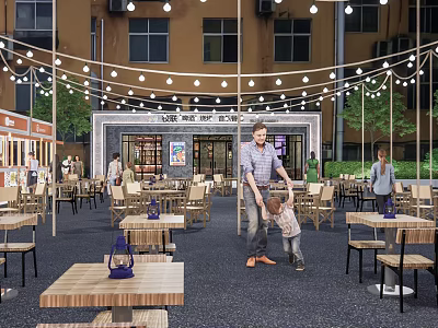 Commercial Outdoor Dining Area With String Lights Wooden Tables And People Enjoying 3d model