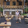 Commercial Outdoor Dining Area With String Lights Wooden Tables And People Enjoying
