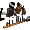 Variety of Essential Kitchen Knives with Wooden and Black Knife Blocks and Hanging Racks