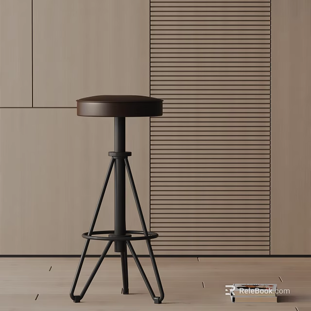 Modern Bar Stool With Brown Seat And Black Metal Legs Against Wooden Wall 3d model 